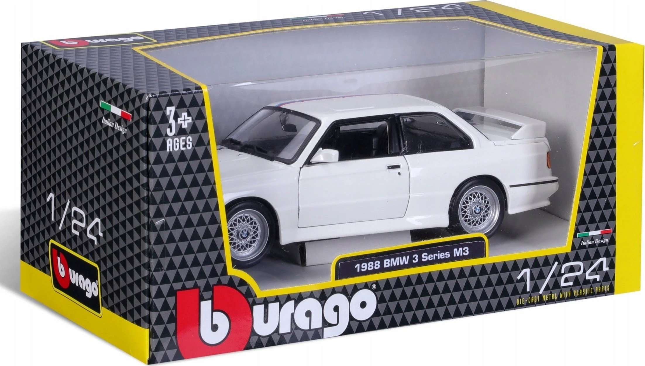 Model makine Bburago BMW 3 Series M3 1988 (E30) 1:24, metal, dyer të lëvizshme, 18.5 cm, e bardhë