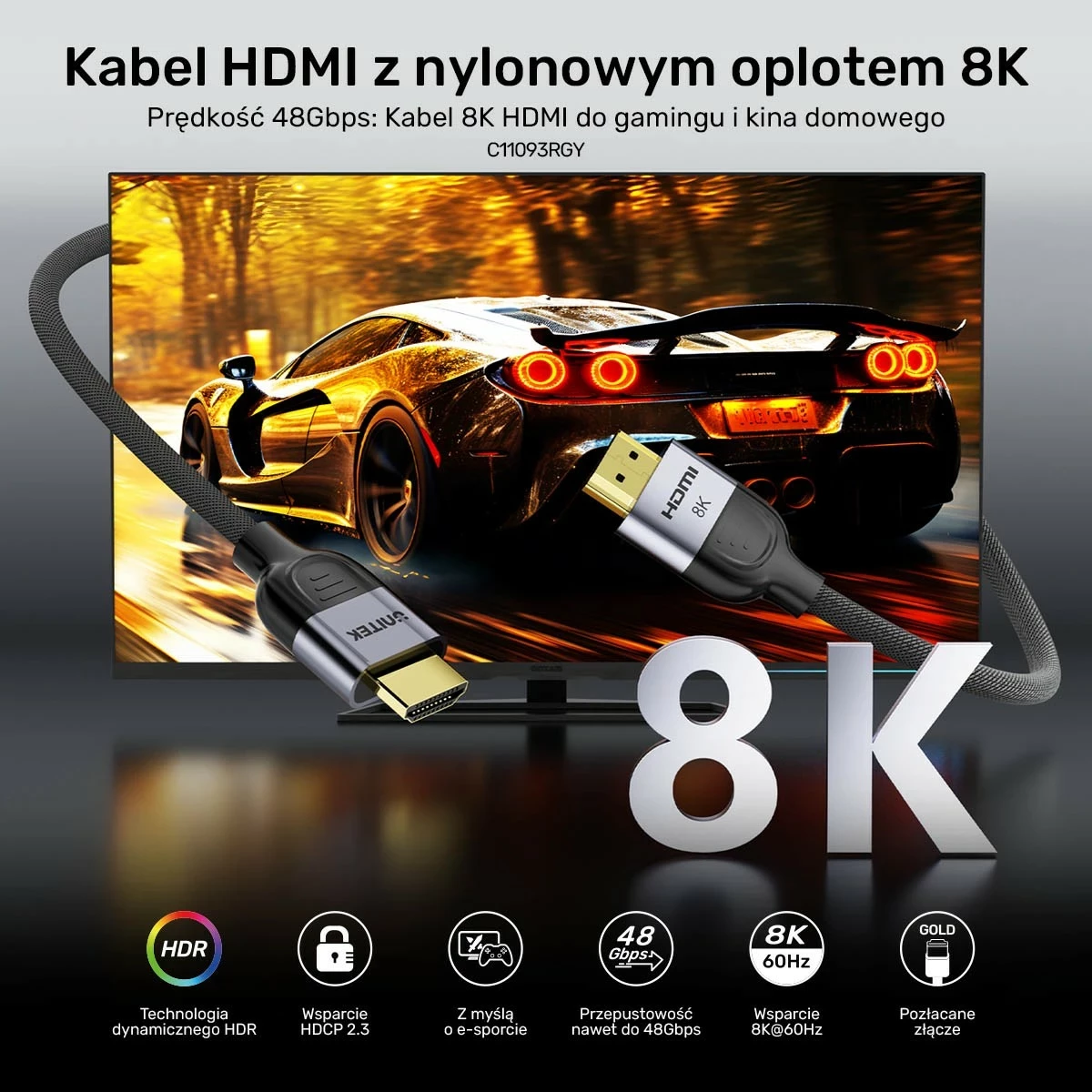 Kabëll HDMI Unitek HDMI 2.1, 2 metra, 8K, oplot, zi-gri