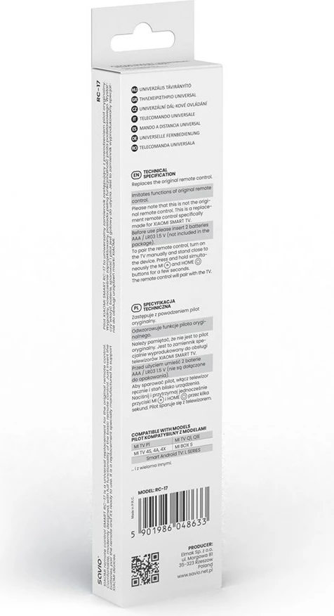 Telekomandë SAVIO RC-17 për Xiaomi, IR/Bluetooth, e zezë