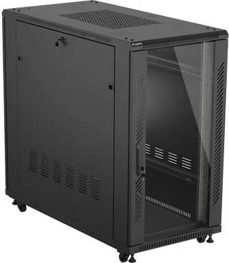Kabinet rack LANBERG 19" 22U 600x1200, në këmbë, derë me xham, i zi
