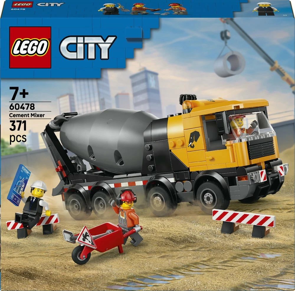 Set lodër ndërtimi LEGO City Cement Mixer 60478, 371 pjesë, për 7+ vjet, verdhë/gri