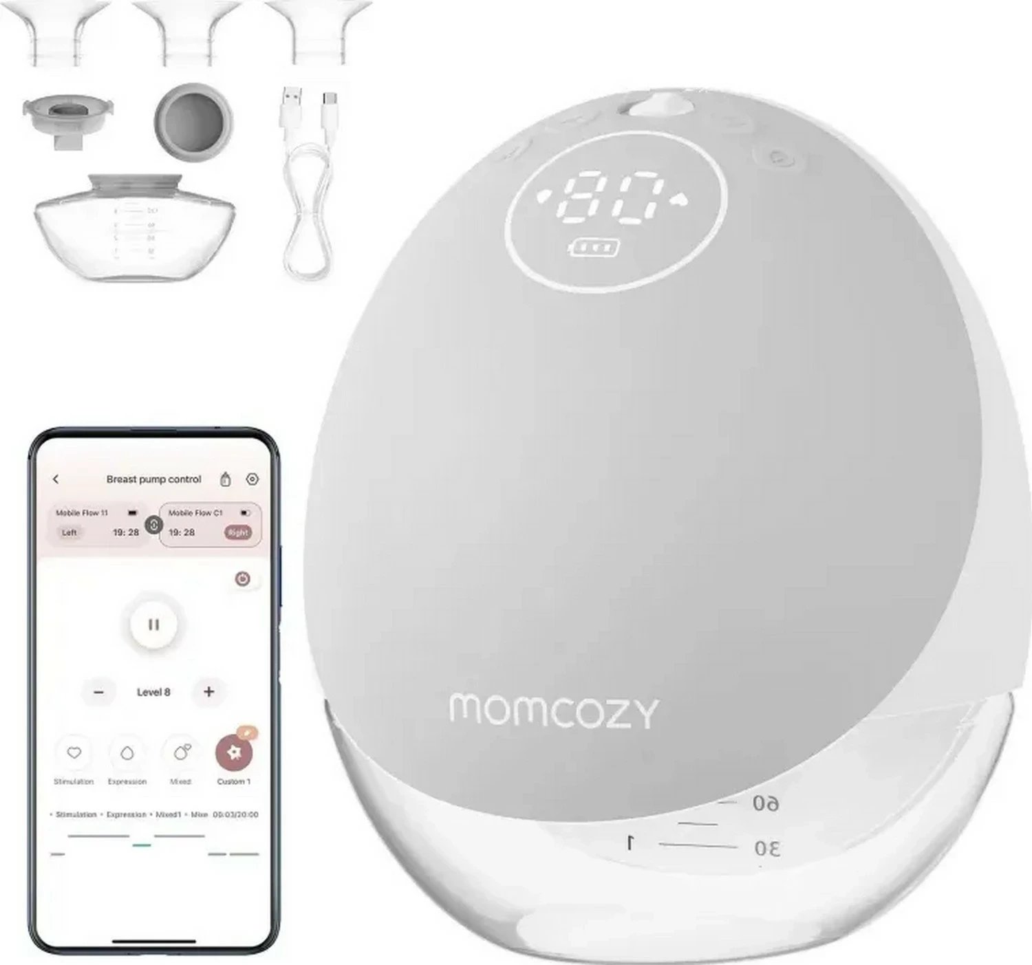 Pompë gjiri Momcozy M9, pa kabllo, single, 60 nivele vakumi, 120ml, gri