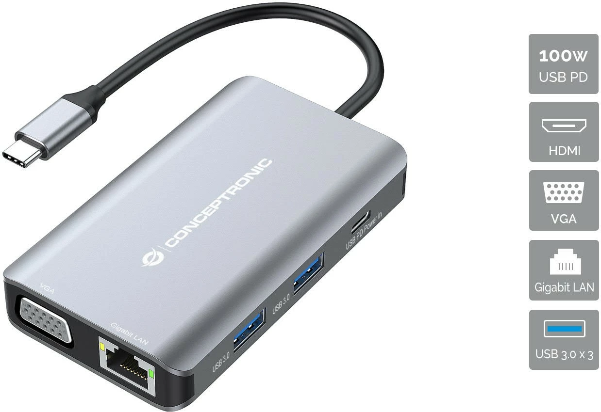 Docking station Conceptronic 7-1 USB-C HDMI VGA 3xUSB-A 25cm gri