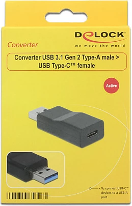 Adapter USB DeLOCK 65696, USB 3.1 Gen 2 Type-A (mashkull) në Type-C (femër), 10 Gbit/s, i zi