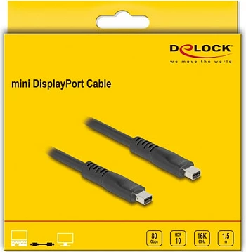 Kabllo Mini DisplayPort DeLOCK, DP 2.1, 1.5 m, 16K 60Hz, 80 Gbps, e zezë