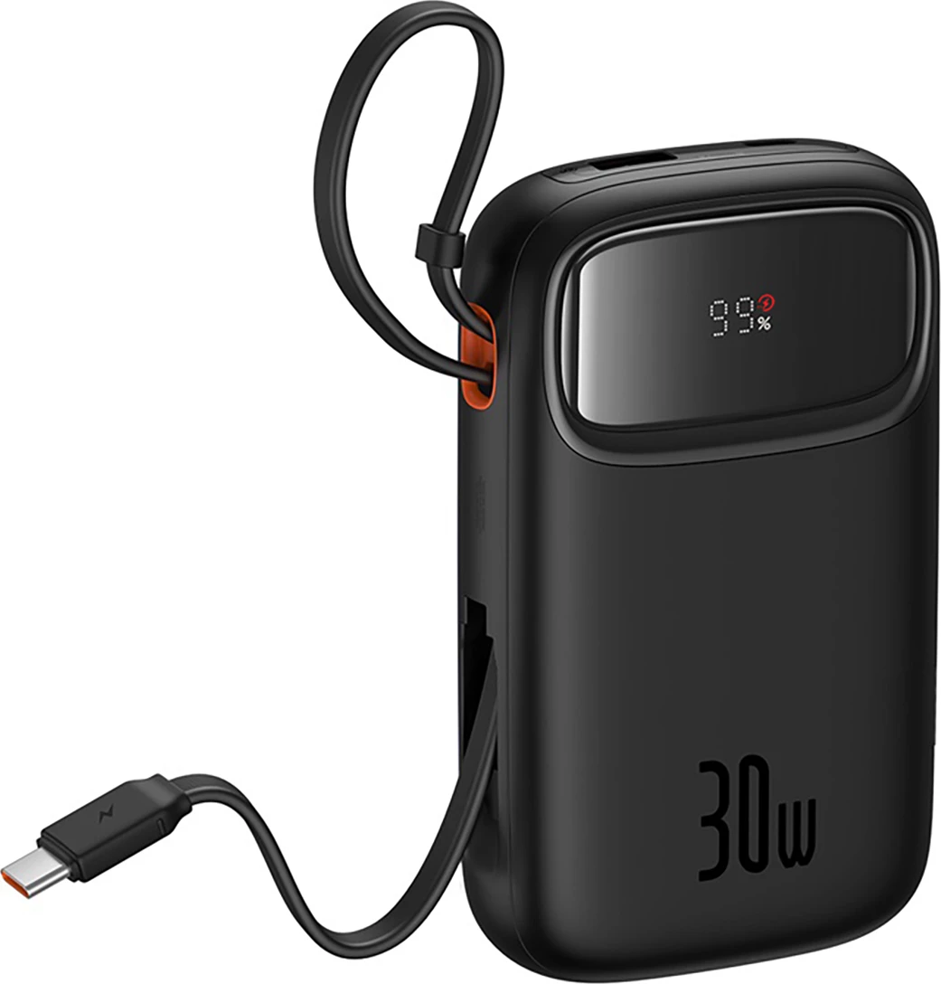 Powerbank Baseus QPow 2, 10000mAh, 30W, me kabllo USB-C të integruar, Ekran LED, e zezë