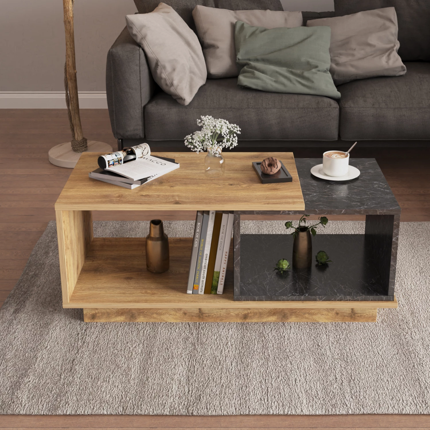 Tavolinë kafeje TELES FH18181.02 melaminë, ngjyrë druri natyral dhe mermer i zi, 100x45x42H cm
