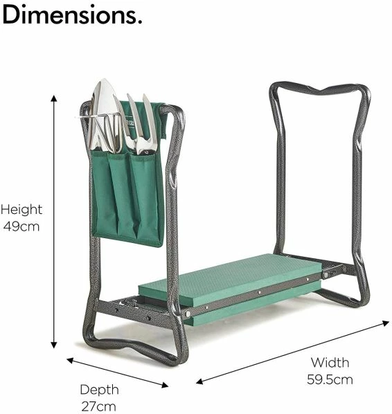 Stol/kneeler për kopsht VONHAUS 2-në-1 2515210, i palosshëm, me set veglash, jeshile/gri, set 5 copë