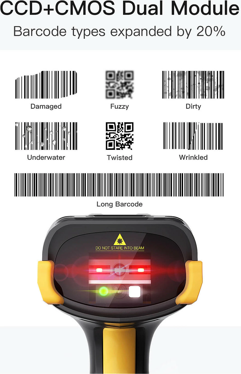 Skaner barkodi Inateck PRO 8, wireless Bluetooth/2.4G, 1D/2D/QR, ekran me prekje 1.4", bazë karikimi, 2600 mAh, zi/verdhë