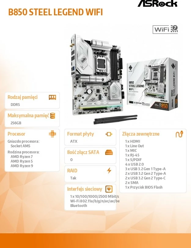 Pllakë amë ASRock B850 Steel Legend WiFi, Socket AM5, ATX, 4x DDR5, e bardhë