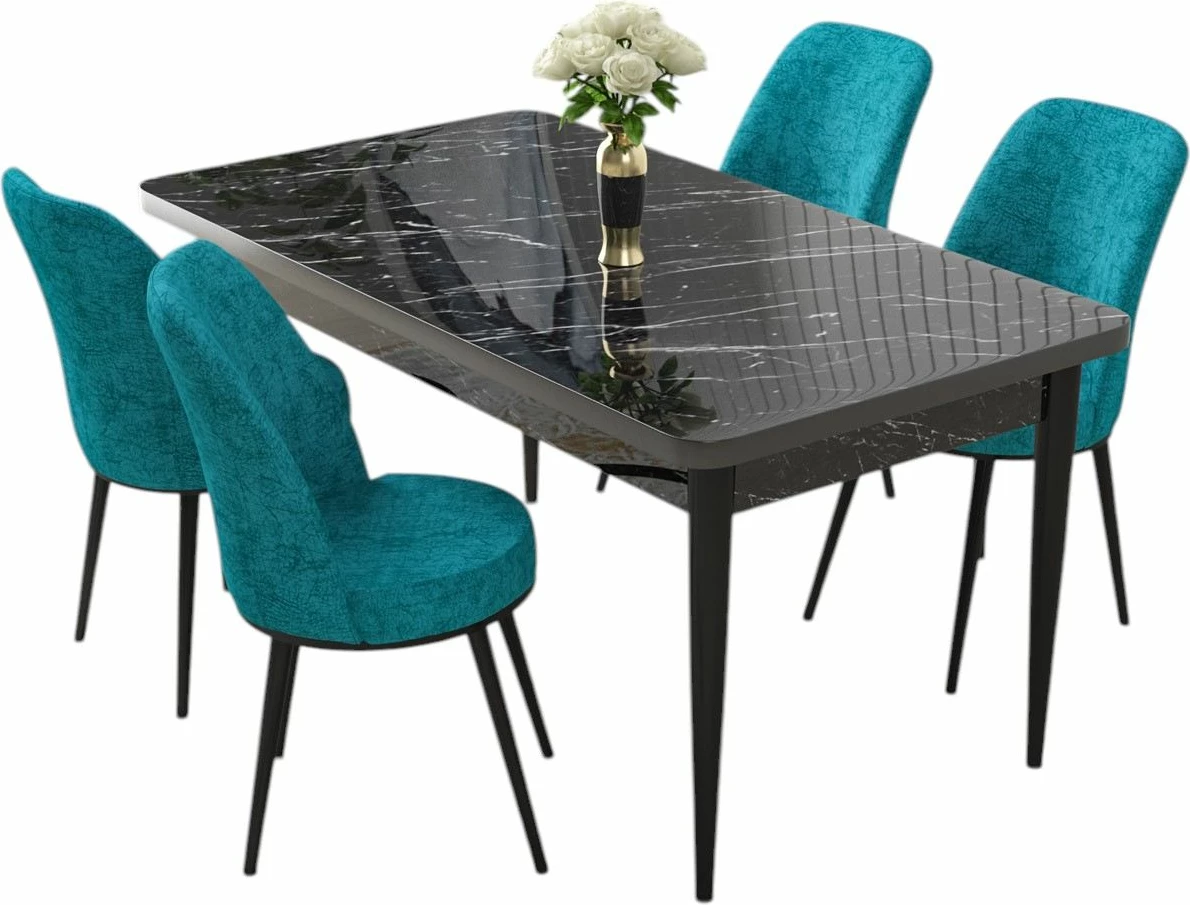 Tavolinë me karrige, 5 copë, Skye Decor, ngjyrë mermeri të zi, turquoise