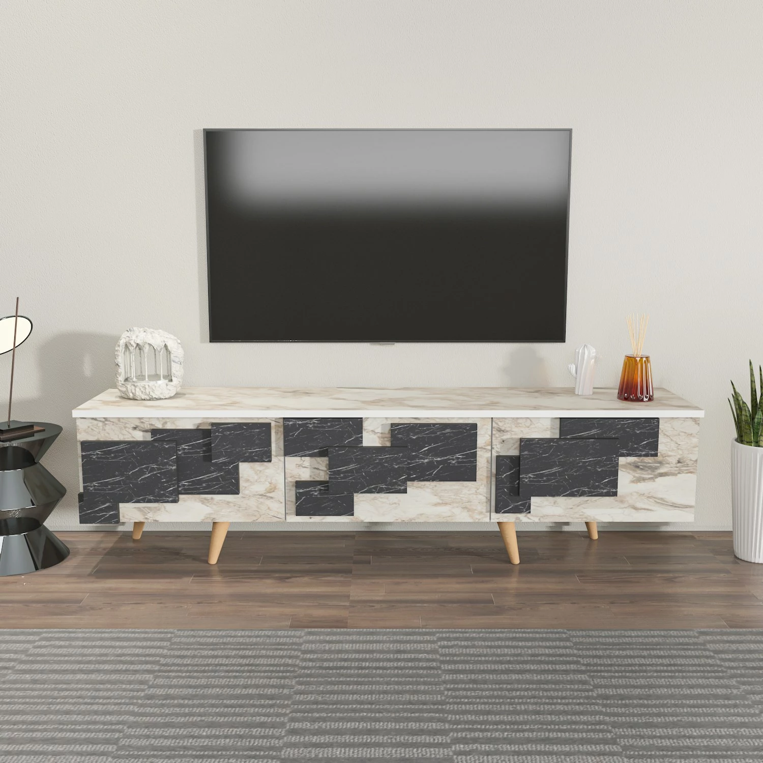 Komodë TV Hanah Home, 3 D, e bardhë, mermer