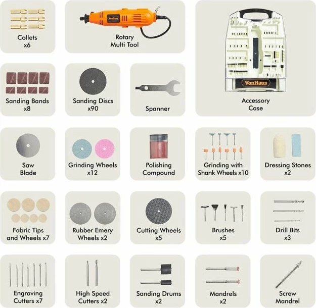 Vegël multifunksionale (rotary tool) VonHaus 3515065, me kabllo 1.8 m, 10,000–32,000 RPM, set 234 aksesorë, e zezë/portokalli