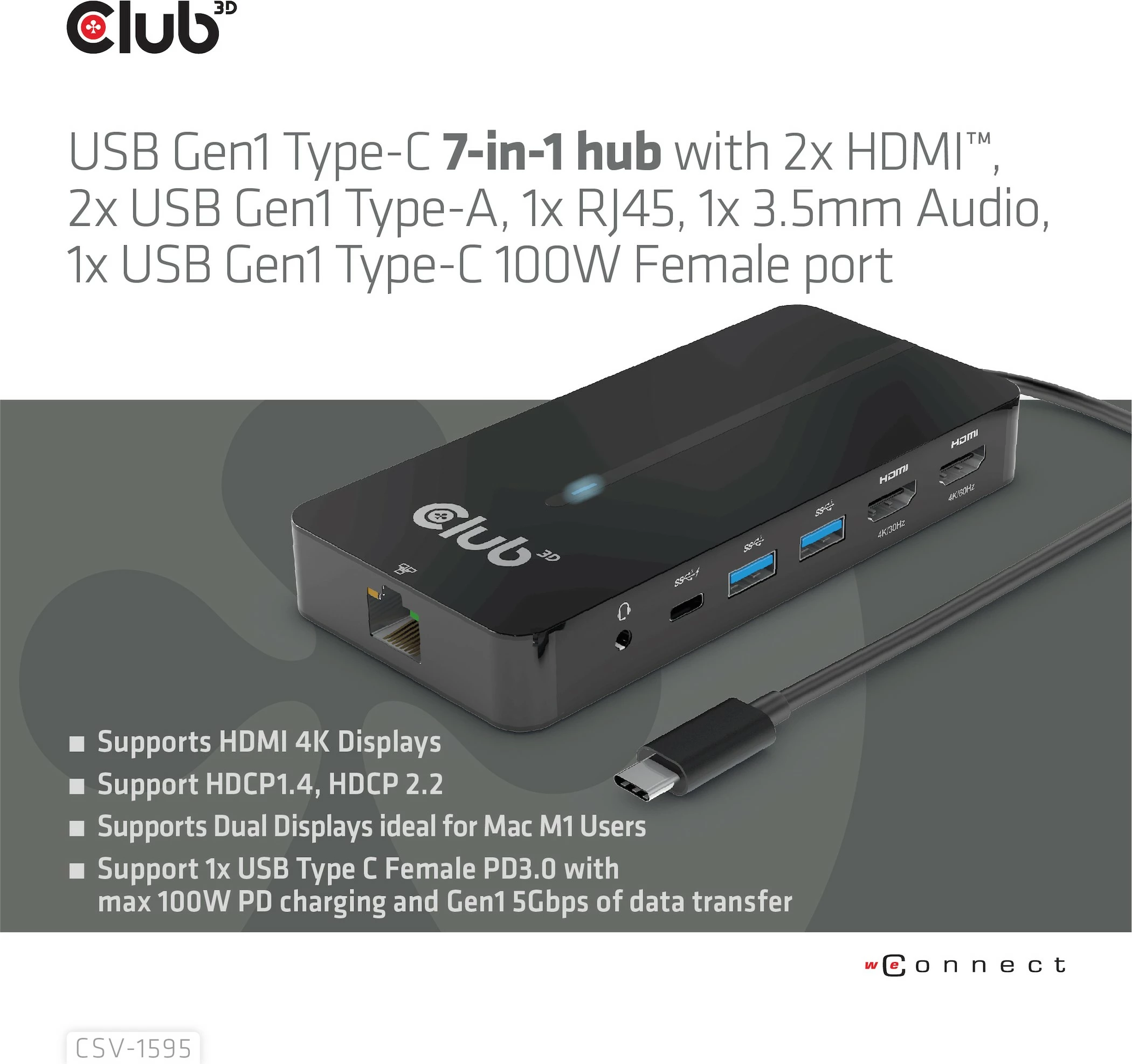 USB HUB Club3D 7in1, 2xHDMI, 2xUSB, USB-C, LAN, 4K60Hz, PD100W, zi
