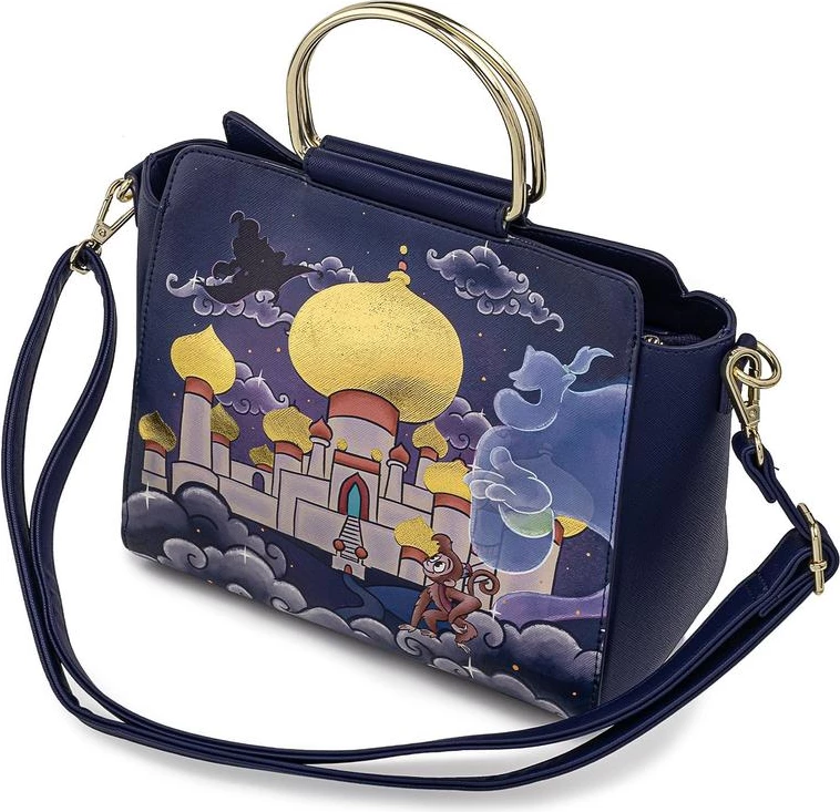 Çantë crossbody Loungefly Disney Jasmine Castle, lëkurë vegane PU, rrip i rregullueshëm i heqshëm, 24.8x21.5x10.8 cm, blu e errët