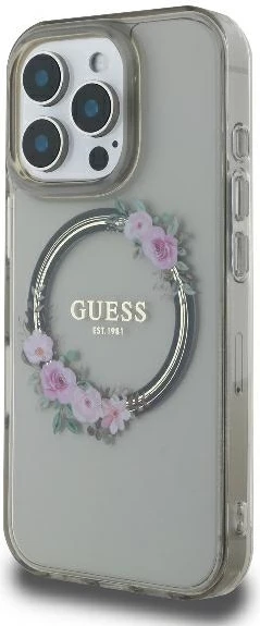Mbështjellës Guess Flowers Wreath MagSafe për iPhone 16 Pro, 6.3", i zi