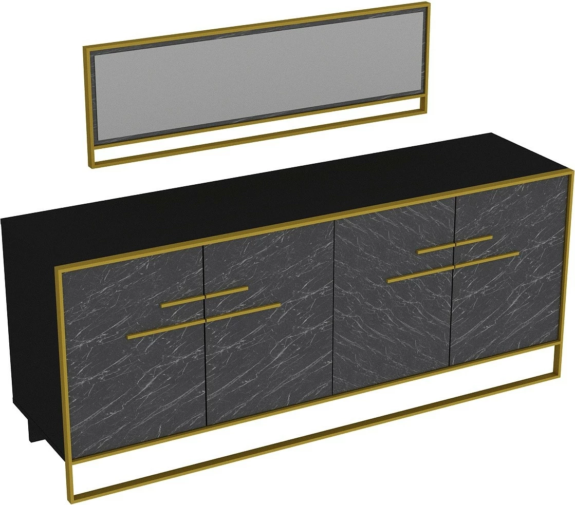 Konsolë me pasqyrë, ngjyrë mermeri e zezë, detaje ari, Polka Aynali, Hanah Home