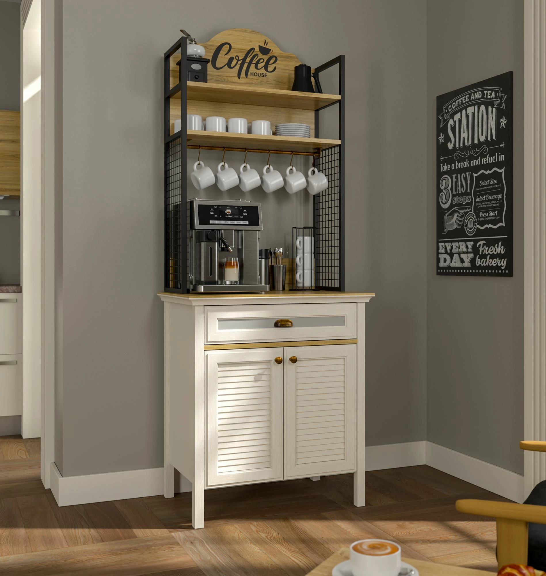 Dollap për kafe, ngjyrë krem, lisi, e zezë, Skye Decor, FRN-21028