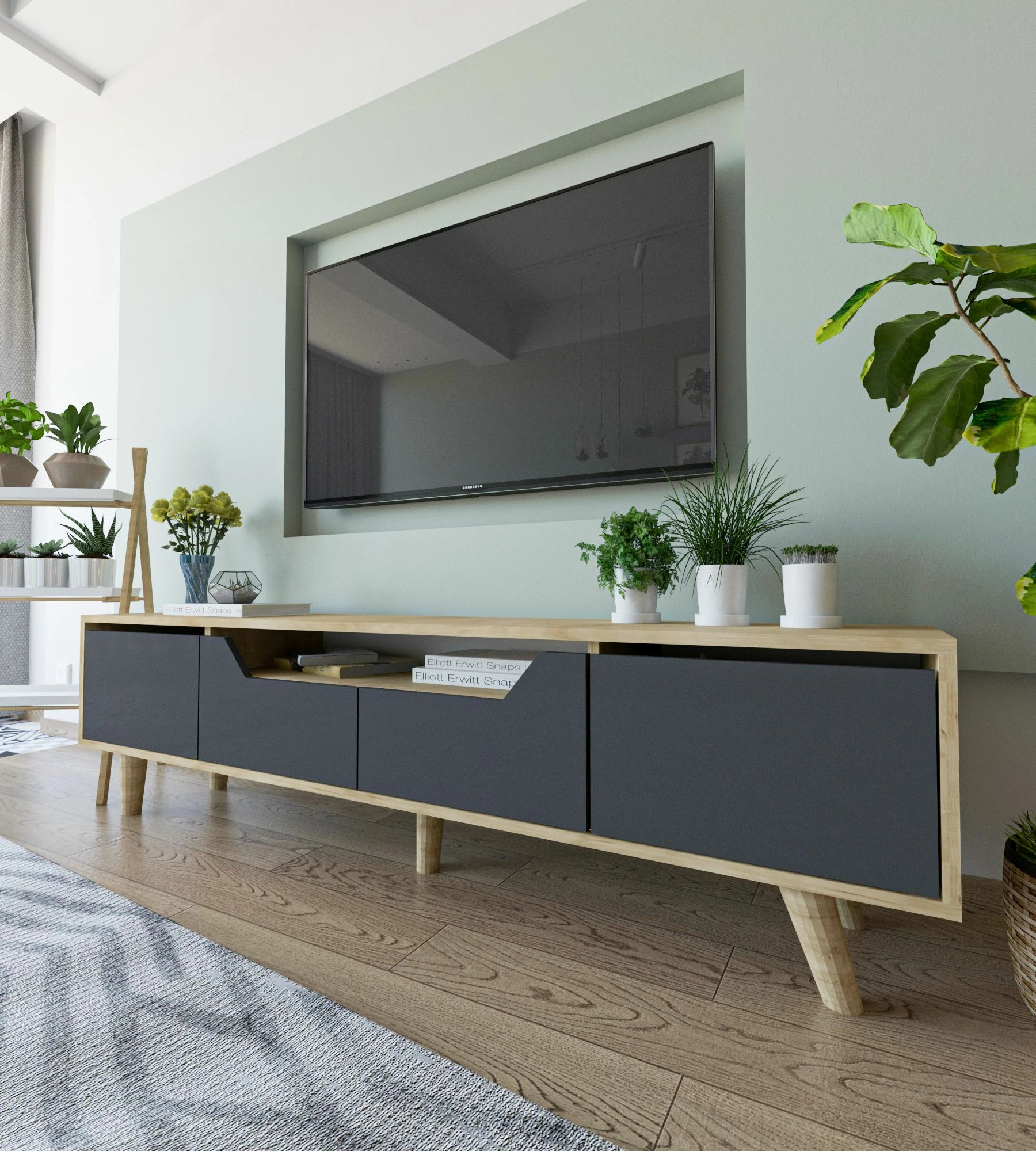 Komodë TV Skye Decor, Roma 180, ngjyrë lis safir dhe antracit