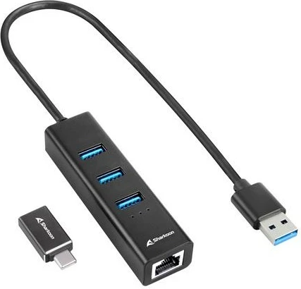 USB hub Sharkoon 3-Port USB 3.2 Gen 1 Alu Hub + Ethernet, Type-C adapter, zi