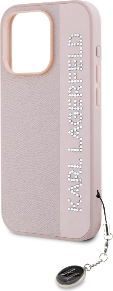 Mbështjellës Karl Lagerfeld Saffiano Rhinestones & Charm për iPhone 15 Pro, Rozë