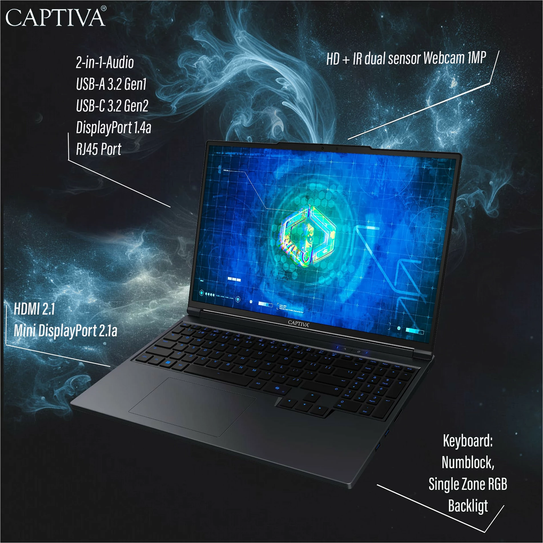 Laptop gaming Captiva I99-480GE, 16" WQXGA, i9-14900HX, 32GB RAM, 1TB SSD, RTX 5070 Ti, Win 11, i zi
