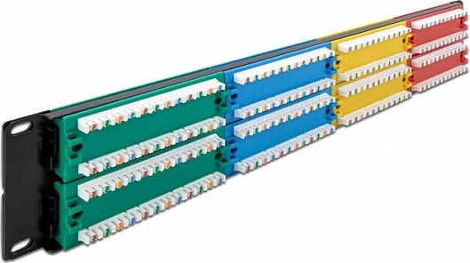Patch panel rrjeti DeLOCK 19″, 48 porta Cat.5e, 2U, RJ-45/LSA, me etiketa, multingjyra
