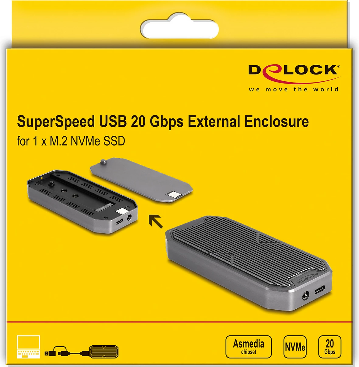 Kuti e jashtme për SSD DeLOCK M.2 NVMe USB-C 20Gbps, RGB LED, 2280/2260/2242, gri