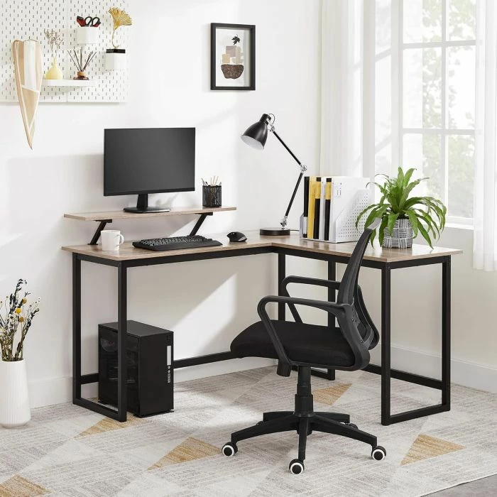Tavolinë kompjuteri L-formë VASAGLE LWD056B02 149x149x75 cm me raft monitori, greige/zezë