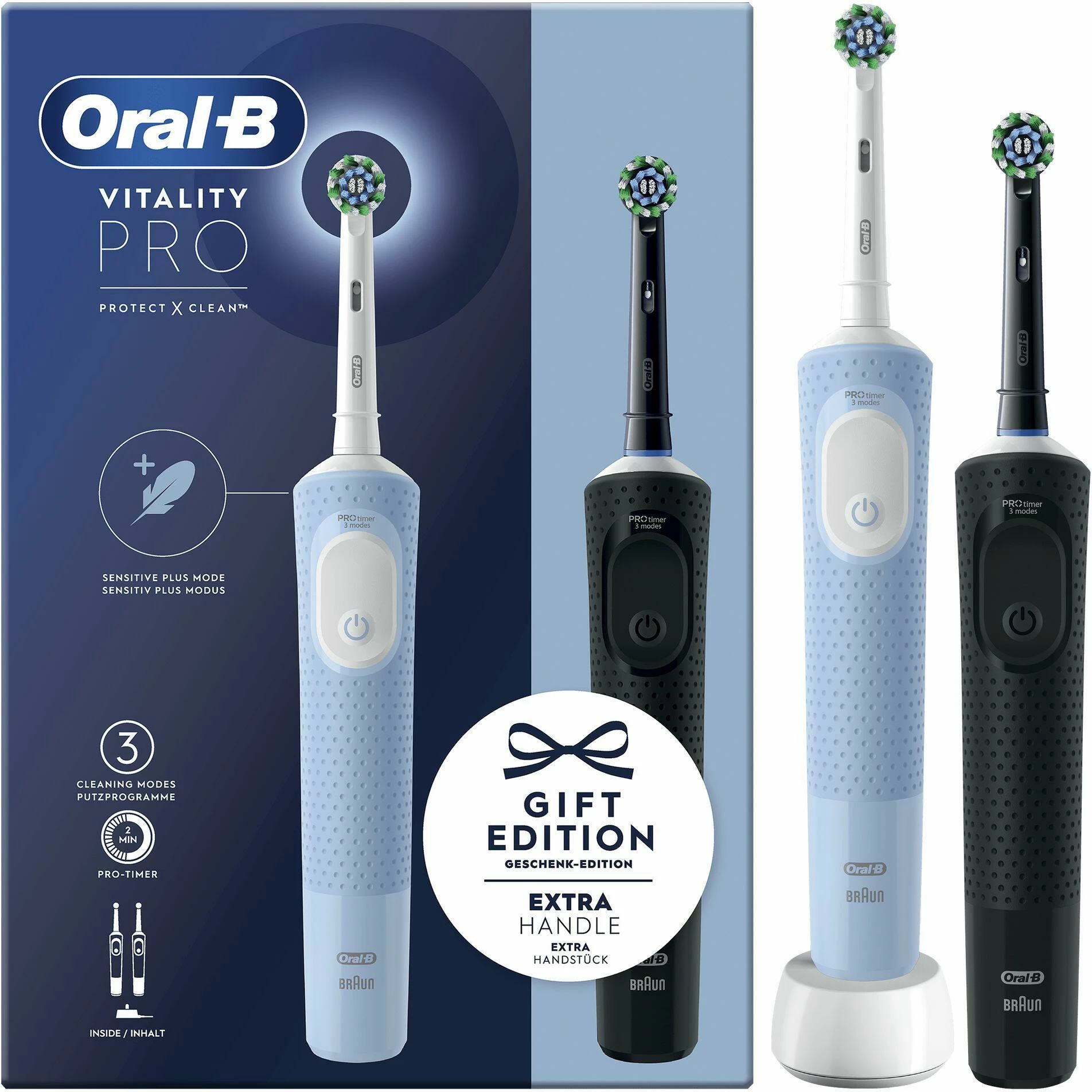 Furçë dhëmbësh elektrike Oral-B Vitality Pro Duo, bateri e rikarikueshme NiMH, Gift Edition (set 2 copë), zezë/blu/bardhë