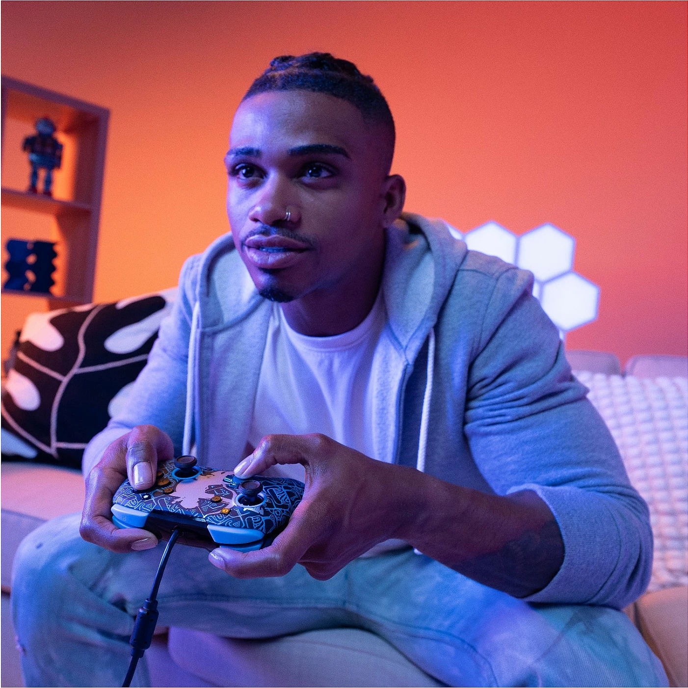 Gamepad PDP REMATCH GLOW Sheikah Shoot, kontrollor me kabllo USB 3m për Nintendo Switch/Switch Lite/Switch OLED, zi/kaltër