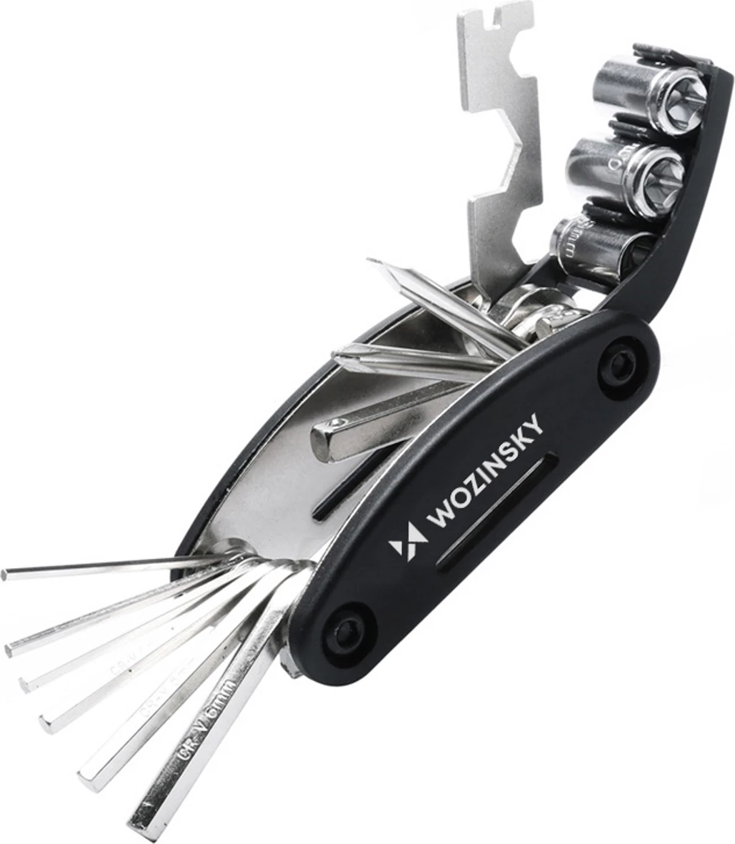 set mjetesh multifunksional për riparim biçiklete Wozinsky WWZ-01N 16-në-1, çelik karbonik i galvanizum, 205 g, 9 x 4.4 cm, zi