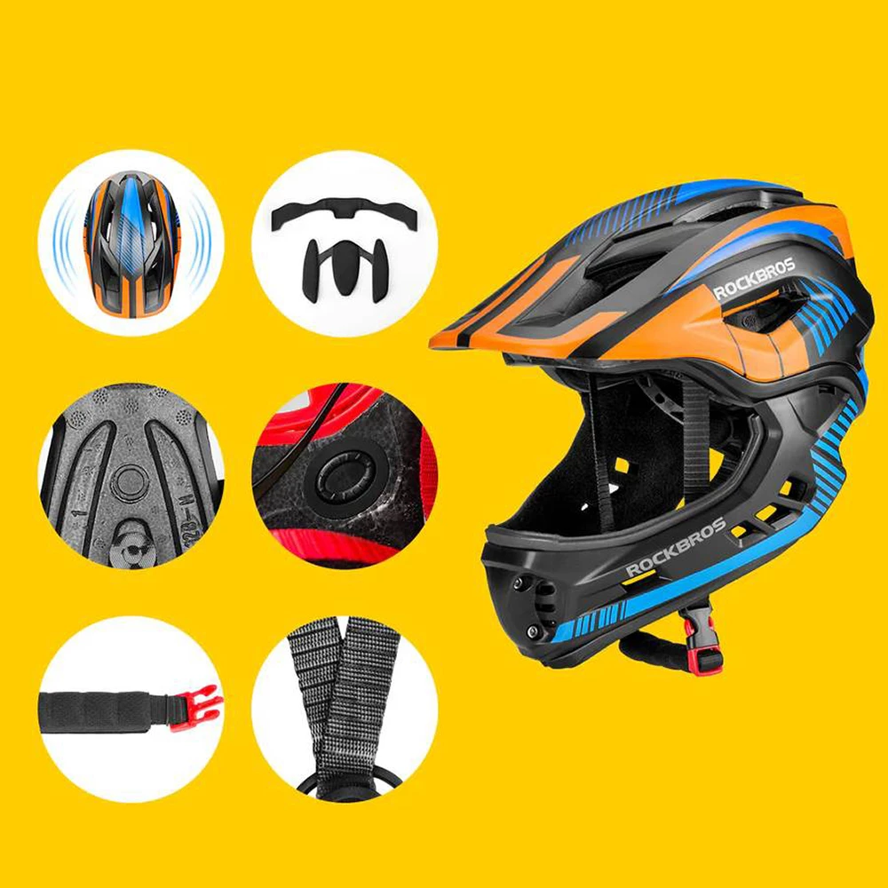 helmetë biçiklete fëmijësh Rockbros TT-32SOBL-S, full-face me mjekër të heqshme, rregullim 360°, S (48-54 cm), e zezë dhe portokalli