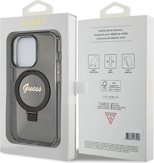 Mbështjellës Guess Ring Stand Script Glitter MagSafe për iPhone 13 Pro / 13, i zi