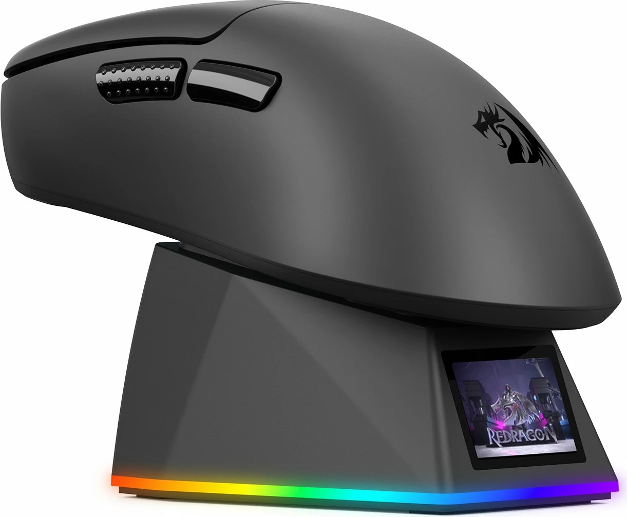 Maus Redragon Ebony Ultra M998-ULT 8K, 30000 DPI, tri-mode (USB/2.4GHz/Bluetooth), 6 butona, 61 g, me stacion karikimi magnetik RGB me LCD, i zi, set 2 copë