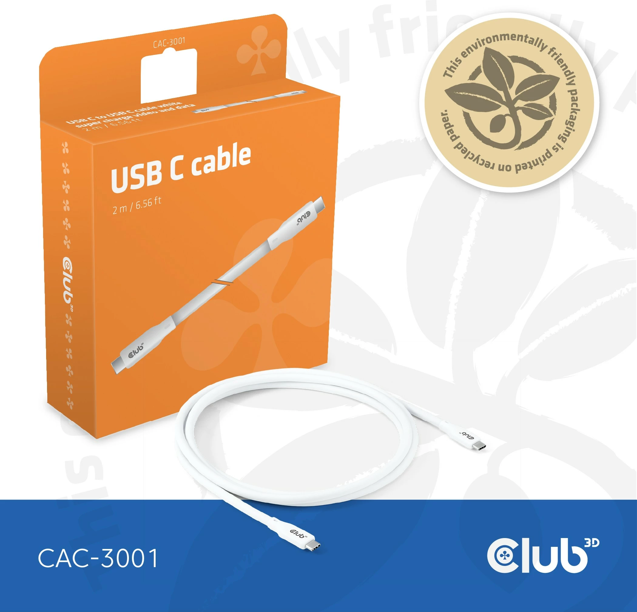 Kabllo USB-C Club3D CAC-3001, 2m, 240W, 20Gbps, e bardhë
