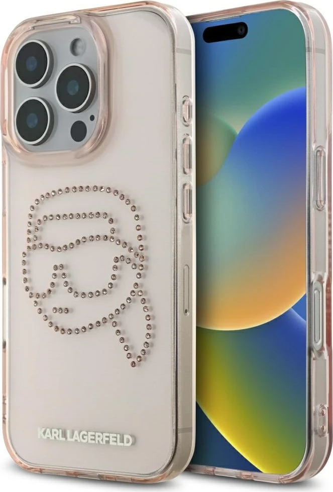 Mbështjellës Karl Lagerfeld IML Rhinestones Karl Head për iPhone 16 Pro, Rozë