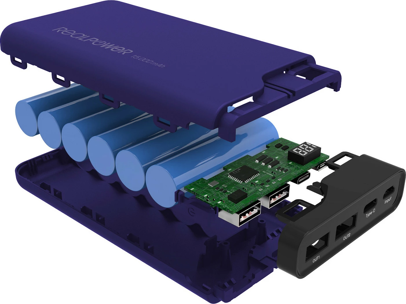 Powerbank RealPower PB-15000C, 15000 mAh, me display, USB-C, blu navy/zi