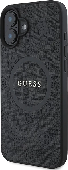 Mbështjellës Guess Saffiano Peony Classic Logo MagSafe për iPhone 16, i zi