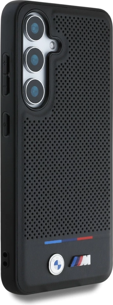 Mbështjellës BMW Leather Tricolor Stripe MagSafe për Samsung Galaxy S25+, lëkurë natyrale, hardcase, me unazë magnetike MagSafe, e zezë