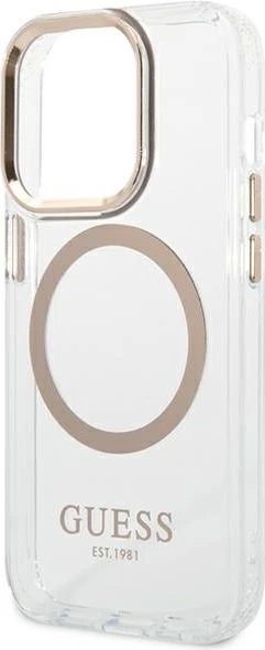 Mbështjellës Guess Metal Outline Magsafe për iPhone 14 Pro Max 6.7", Transparent/Gold