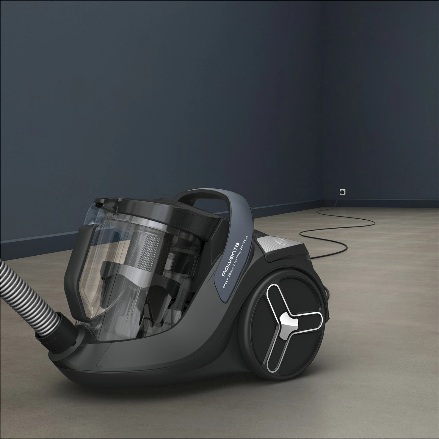Fshesë me korent Rowenta Green Force RO7C36, pa qese, 500 W, 2.5 L, HEPA, e zezë/gri/blu