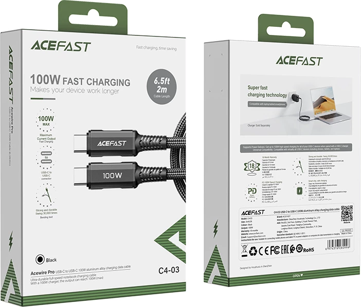 Kabllo USB-C në USB-C, Acefast C4-03, 2 m, 100W 5A, 480 Mb/s, PD QC, e zezë