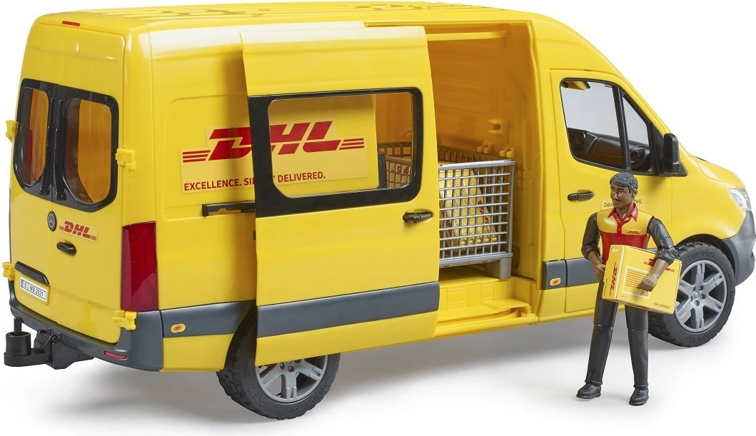 Lodër furgon MB Sprinter DHL, BRUDER BR-02671, shkallë 1:16, plastikë, me figurë dhe aksesorë, e verdhë, set