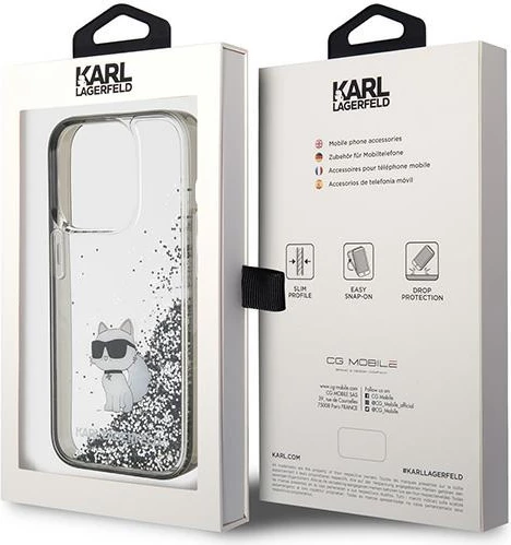 Mbështjellës Karl Lagerfeld Liquid Glitter Choupette për iPhone 15 Pro Max, Transparent/Silver