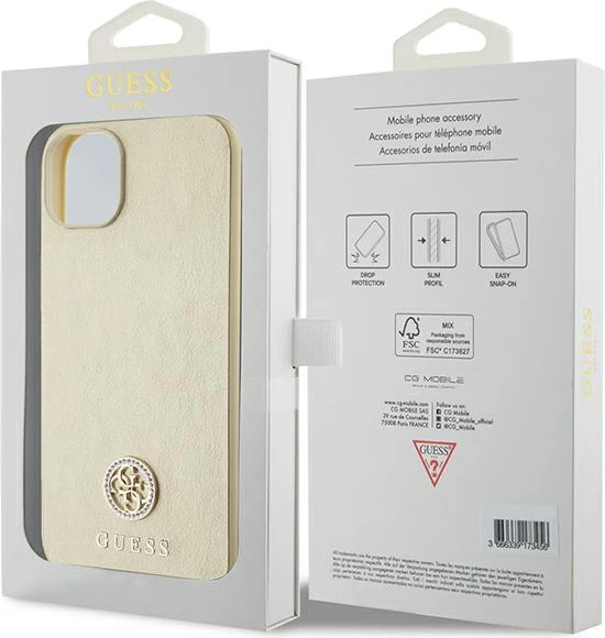Mbështjellës Guess 4G Strass Metal Logo për iPhone 15, Gold