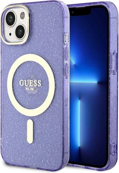 Mbështjellës Guess GUHMP14MHCMCGU për iPhone 14 Plus 6.7", Glitter Gold MagSafe, vjollcë