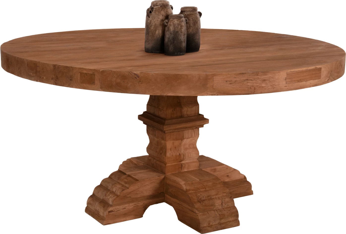 Tavolinë rrumbullake Provence, dru tik i ricikluar, këmbë të gdhendura, FH9643, Φ150x76 cm