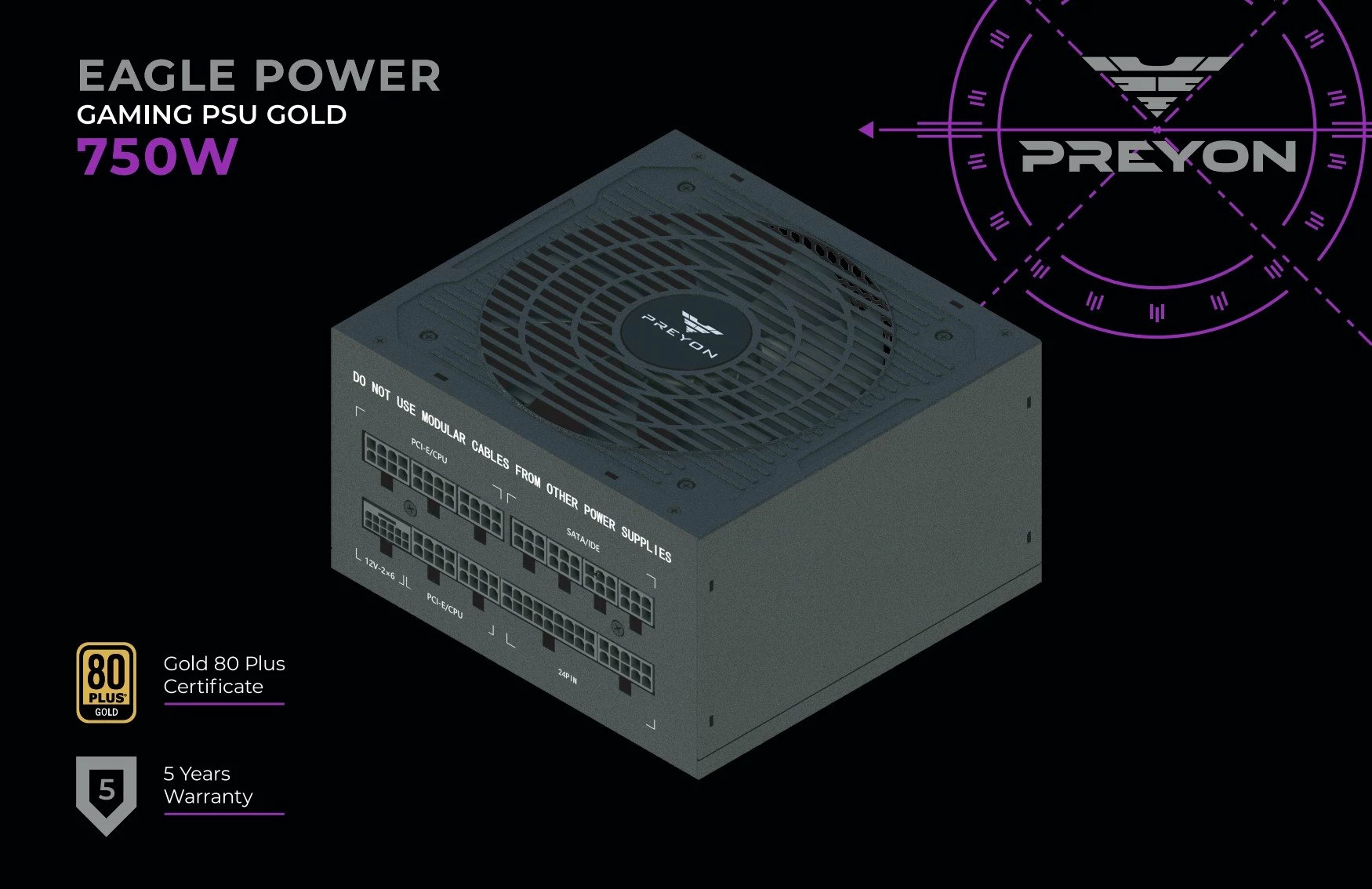 Furnizues rryme (PSU) PREYON Eagle Power GOLD PEPG750W 750W, 80 Plus Gold, full modular, ATX 3.1, PCIe 5.1 16-pin, i zi