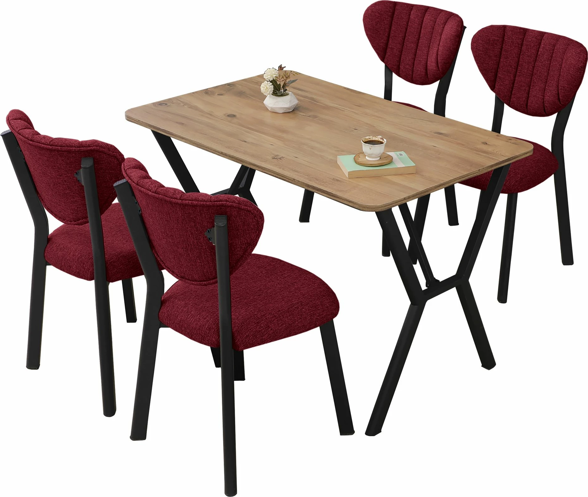 Tavolinë me karrige, zgjatëse, 5 copë, Skye Decor, ngjyrë elma-burgundy, walnut